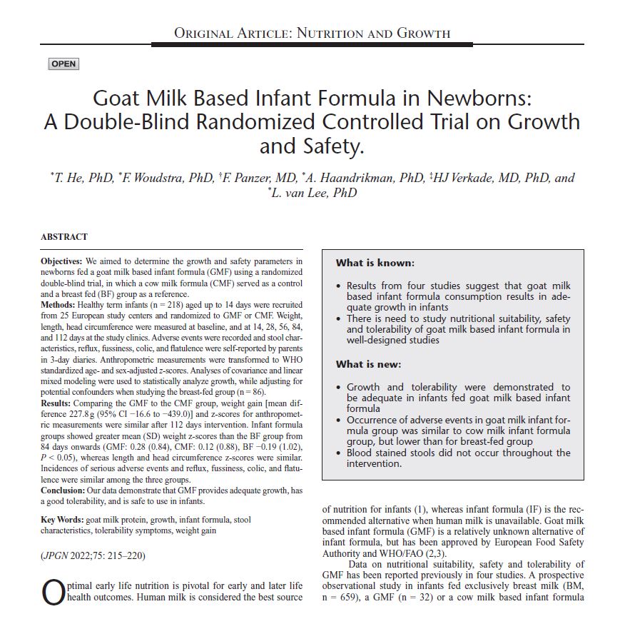 Published paper: Goat milk based infant formula in newborns, A double-blind randomized controlled trial on growth and safety.